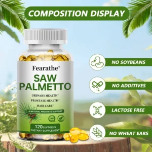 Cápsulas de Saw Palmetto para la salud de la próstata masculina, el crecimiento del cabello, la salud del tracto urinario y la micción frecuente. Suplemento dietético natural.